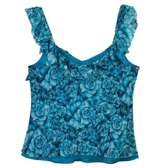 Ann Taylor Women's L Floral Ruffle Sleeveless Top 100% Silk Lined Teal Flowy - Picture 5 of 11